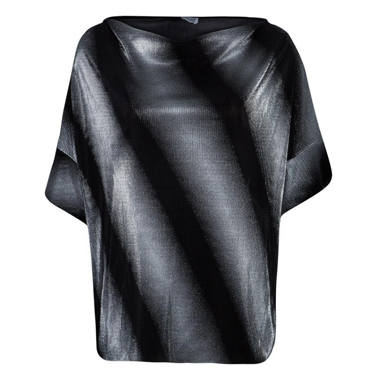 Pre Owned Armani Collezioni Silver and Black Short Sleeve Top L