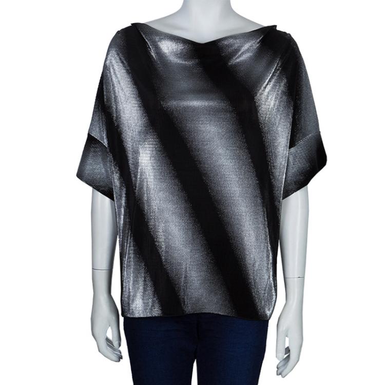 Pre Owned Armani Collezioni Silver and Black Short Sleeve Top L