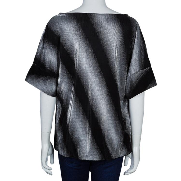 Pre Owned Armani Collezioni Silver and Black Short Sleeve Top L