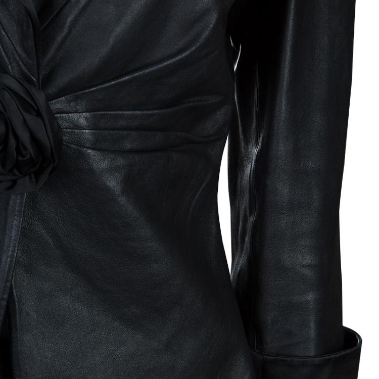 Pre Owned Armani Collezioni Black Leather Rose Jacket L