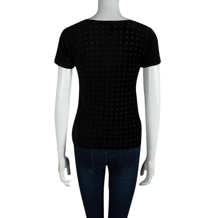Pre Owned Armani Collezioni Black Velvet Burnout Detail Short Sleeve Top S