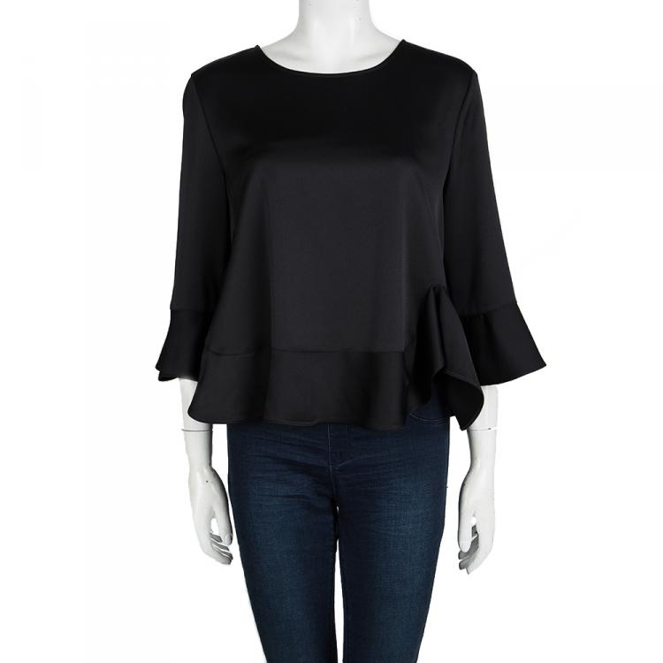 Pre Owned Armani Collezioni Black Ruffle Detail Long Sleeve Top L