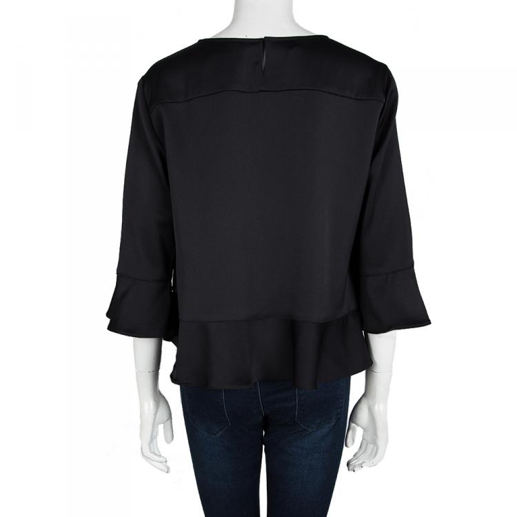 Pre Owned Armani Collezioni Black Ruffle Detail Long Sleeve Top L