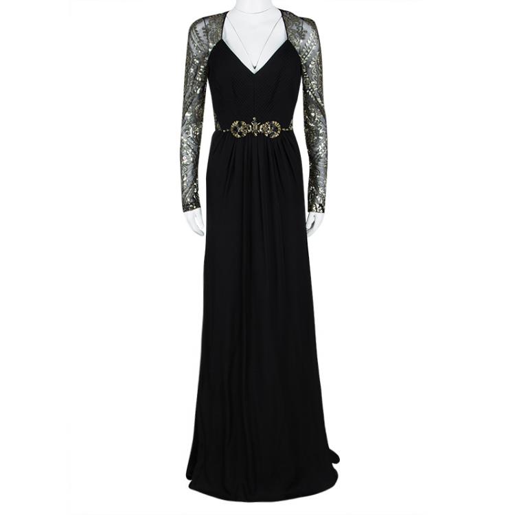 Pre Owned Badgley Mischka FW'14 Black Silk Embellished Evening Gown M