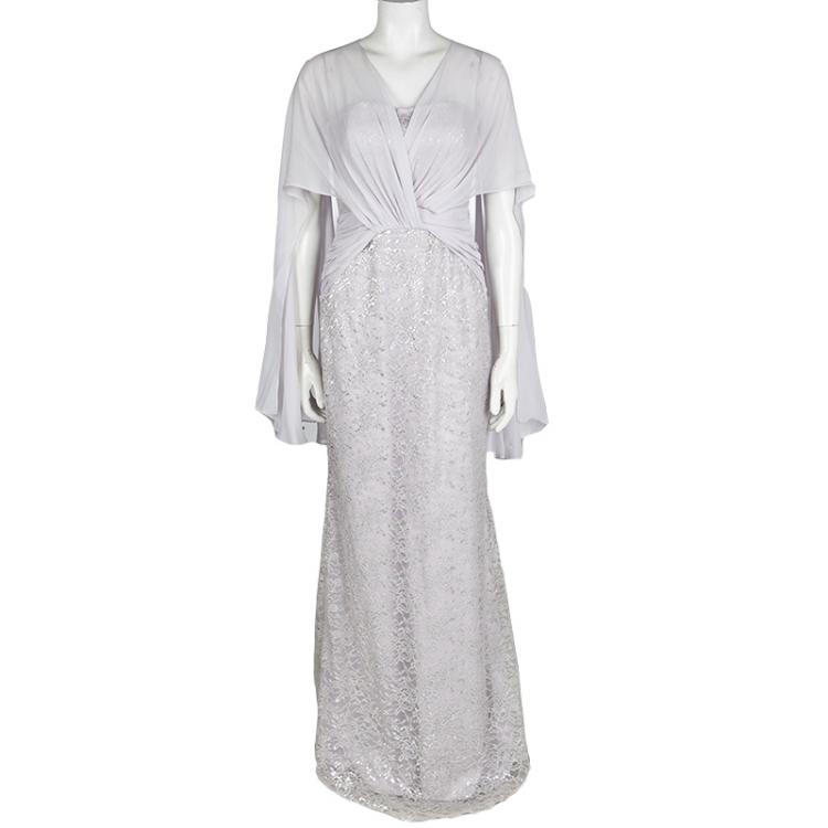 Pre Owned Badgley Mischka Purple Lace Shoulder Drape Detail Strapless Gown M