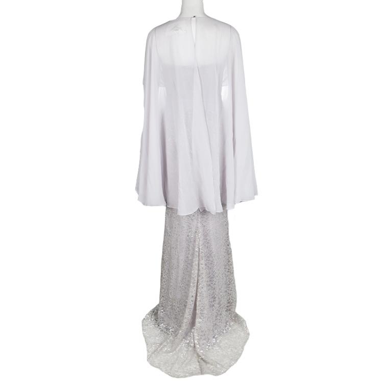Pre Owned Badgley Mischka Purple Lace Shoulder Drape Detail Strapless Gown M