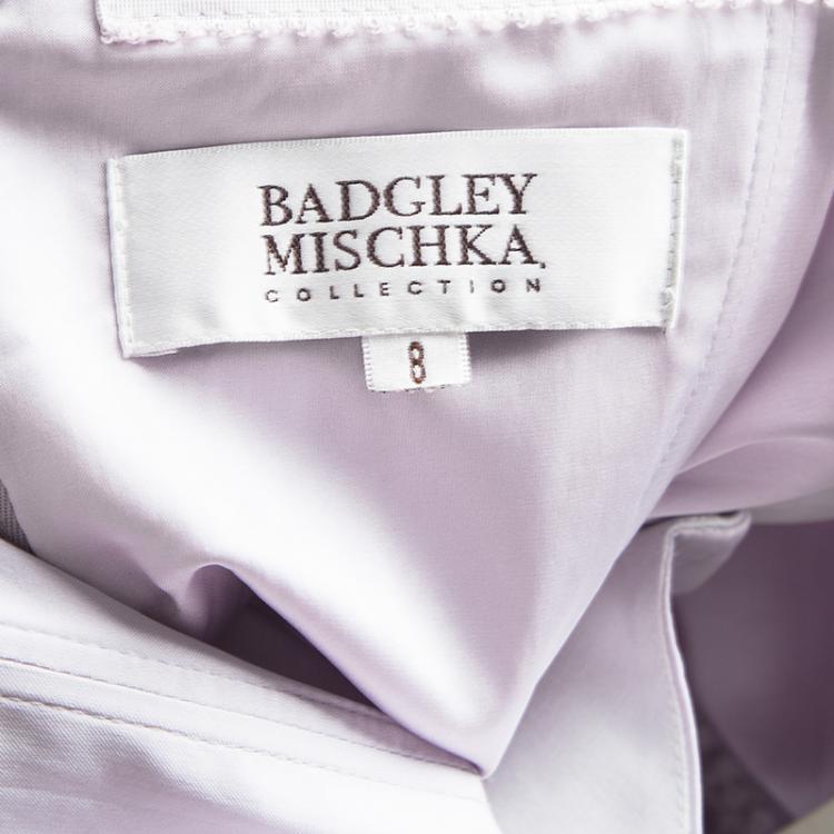 Pre Owned Badgley Mischka Purple Lace Shoulder Drape Detail Strapless Gown M