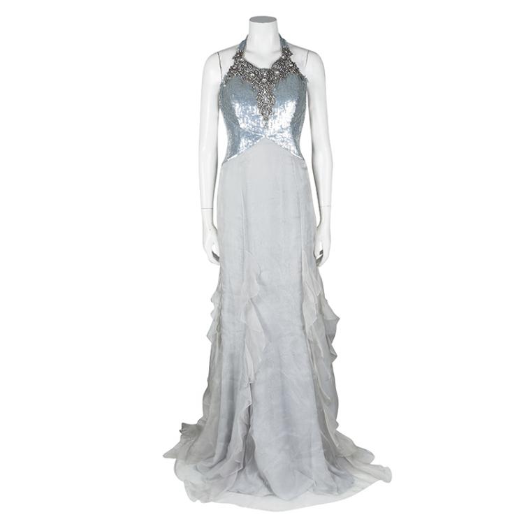 Pre Owned Badgley Mischka Couture Silver Embellished Silk T Back Ruffle Bottom Gown S 