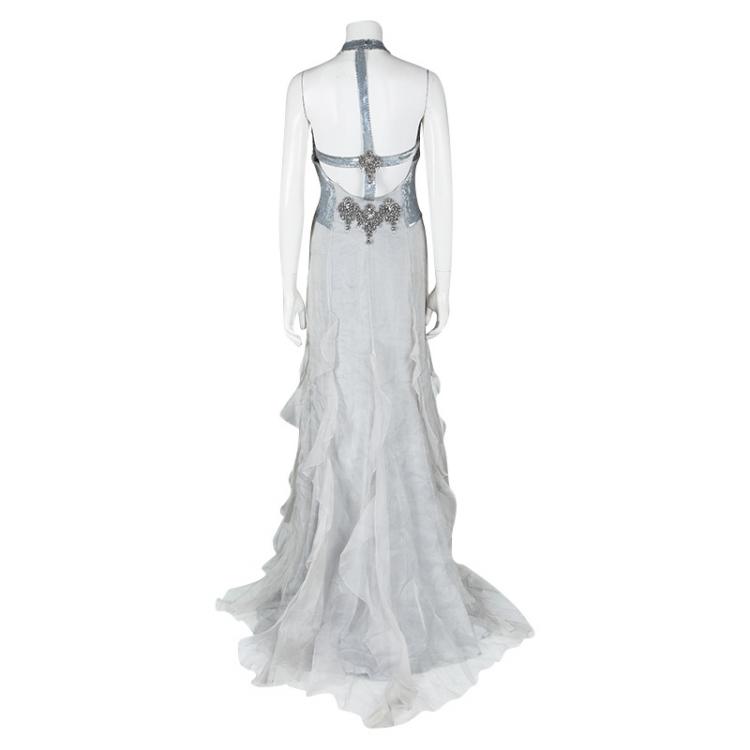 Pre Owned Badgley Mischka Couture Silver Embellished Silk T Back Ruffle Bottom Gown S 