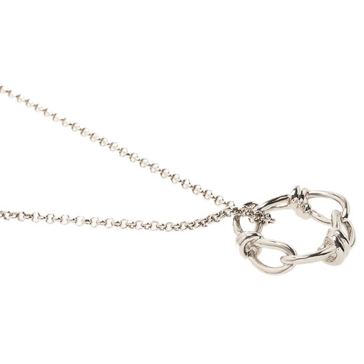 Pre Owned Balenciaga Continuity Bow Round Pendant Silver Tone Necklace