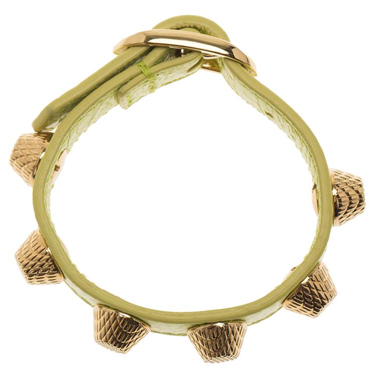 مملوكة مسبقًا Balenciaga Arena Giant Stud Yellow Leather Gold Tone Bracelet Size M