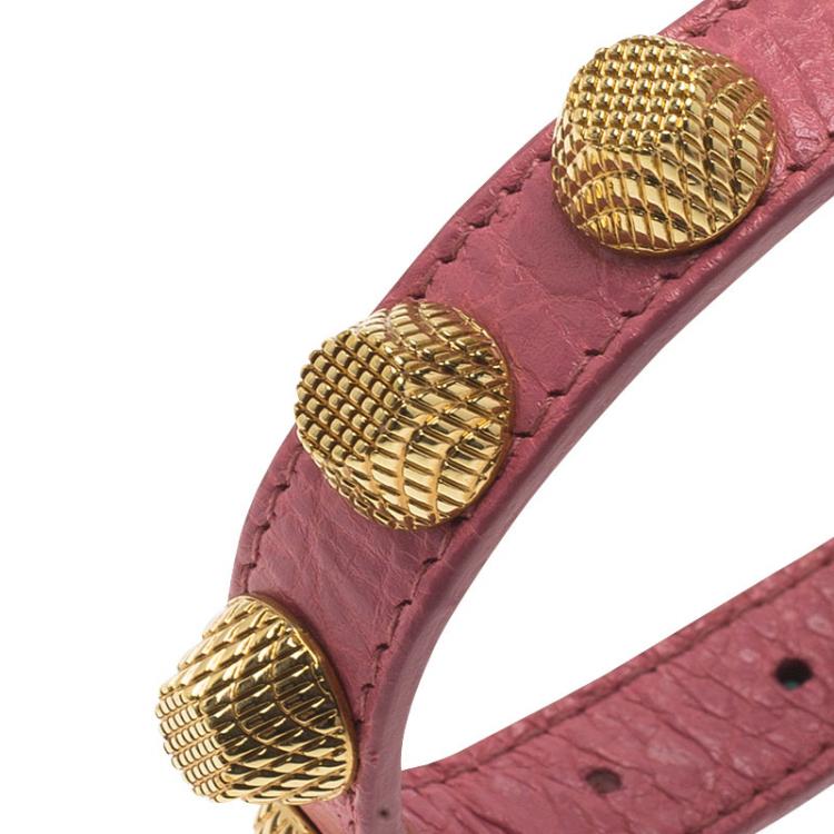Pre Owned Balenciaga Arena Giant Gold Tone Studs Pink Leather Bracelet M