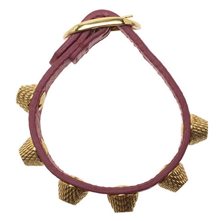 Pre Owned Balenciaga Arena Giant Gold Tone Studs Pink Leather Bracelet M