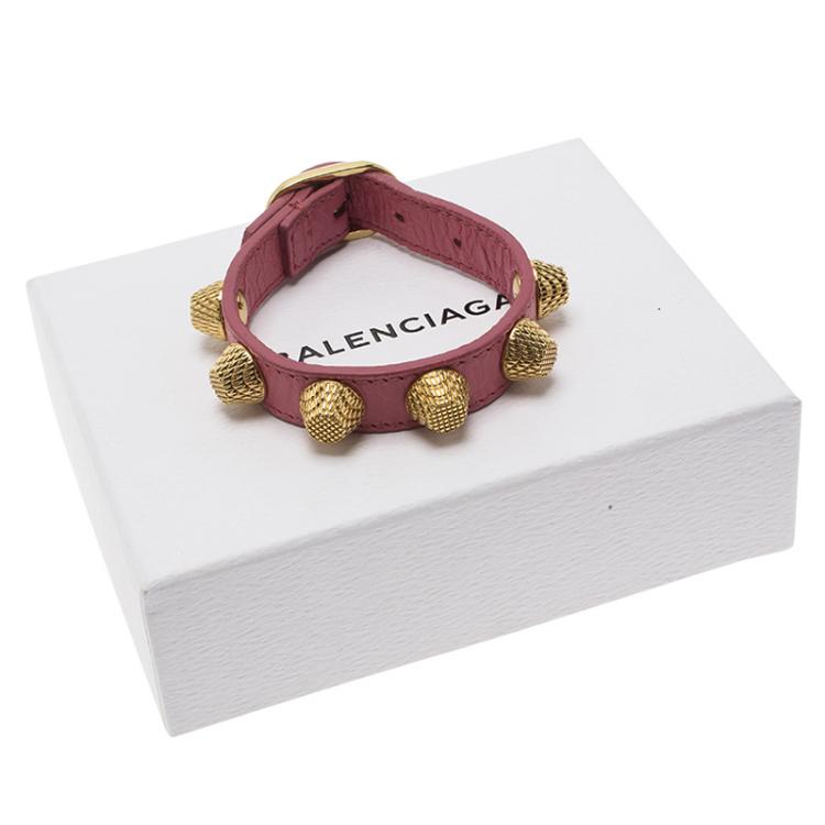 Pre Owned Balenciaga Arena Giant Gold Tone Studs Pink Leather Bracelet M