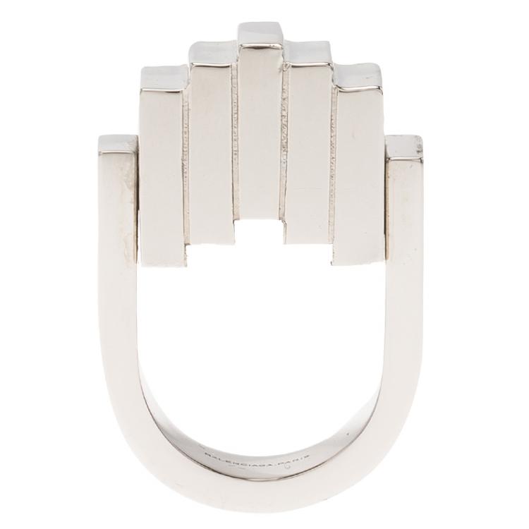 Pre Owned Balenciaga Squares Silver Tone Ring Size 56