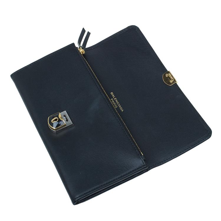 Pre Owned Balenciaga Black Leather Padlock Flap Wallet 