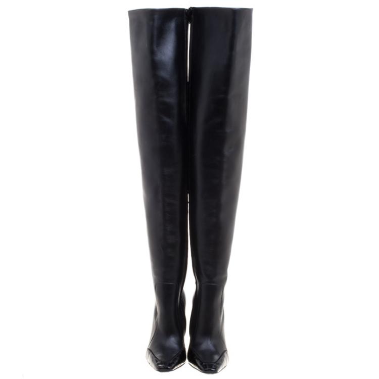 Pre Owned Balenciaga Black Leather and Croc Trim Over The Knee Boots Size 36