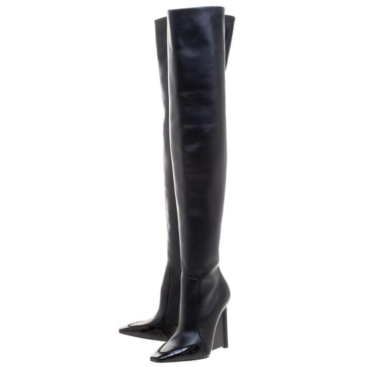 Pre Owned Balenciaga Black Leather and Croc Trim Over The Knee Boots Size 36