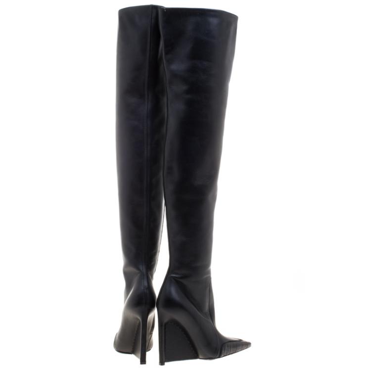 Pre Owned Balenciaga Black Leather and Croc Trim Over The Knee Boots Size 36