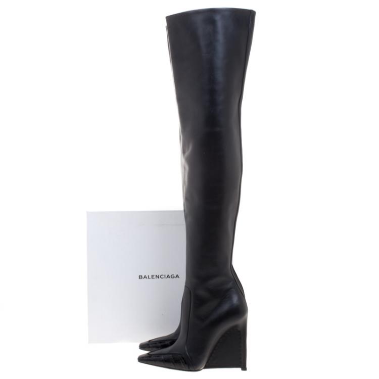 Pre Owned Balenciaga Black Leather and Croc Trim Over The Knee Boots Size 36
