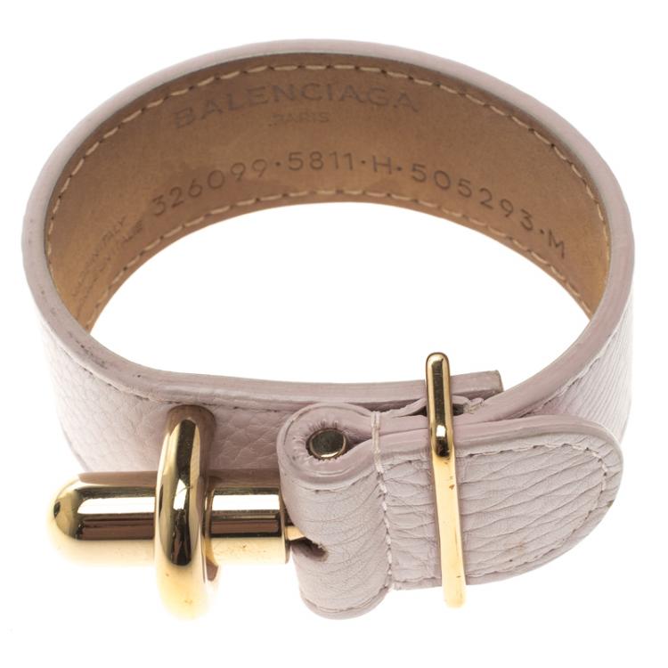 Pre Owned Balenciaga Light Pink Leather Gold Tone Tube Wide Bracelet 17cm
