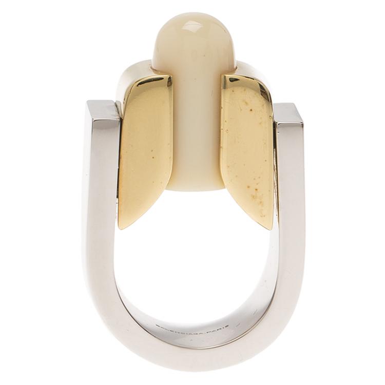 Pre Owned Balenciaga White Capsule Stone Two Tone Ring Size 56