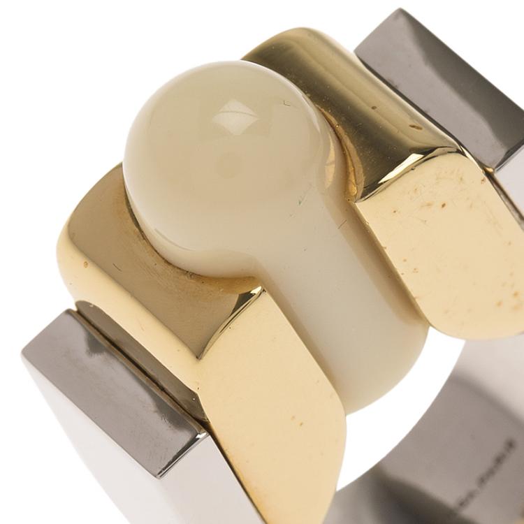 Pre Owned Balenciaga White Capsule Stone Two Tone Ring Size 56