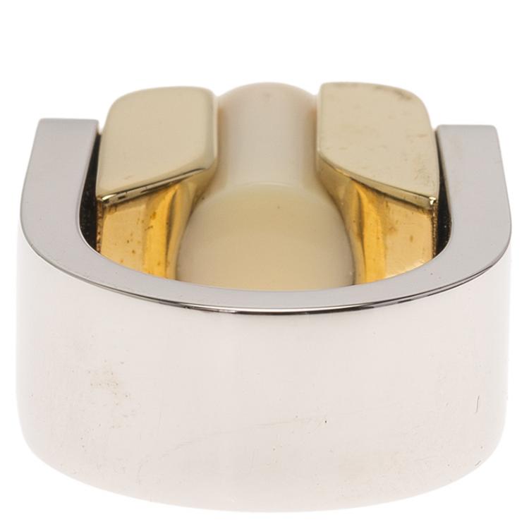 Pre Owned Balenciaga White Capsule Stone Two Tone Ring Size 56