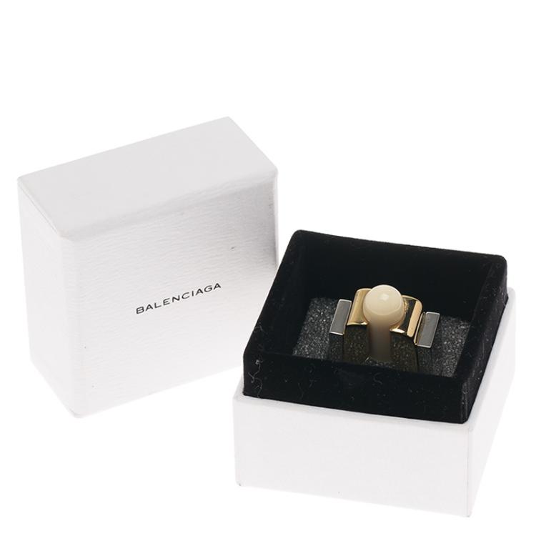 Pre Owned Balenciaga White Capsule Stone Two Tone Ring Size 56