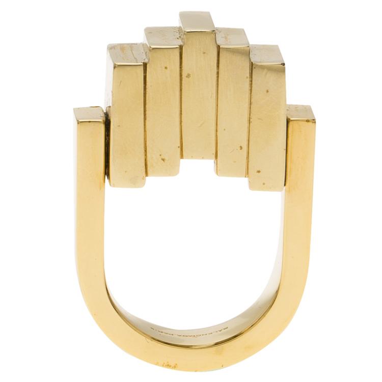 Pre Owned Balenciaga Geometric Rectangle Gold Tone Ring Size 54.5