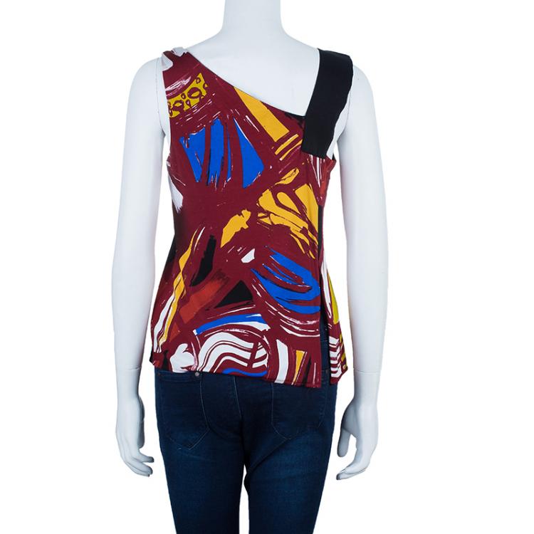 Pre Owned Balenciaga Red Printed Asymmetric Top M