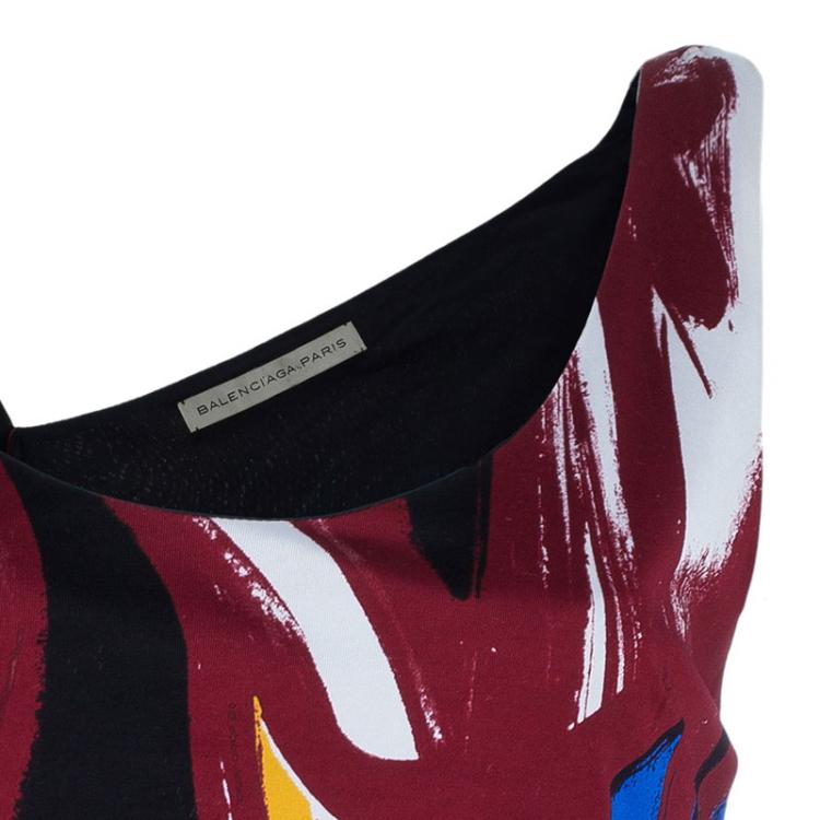 Pre Owned Balenciaga Red Printed Asymmetric Top M
