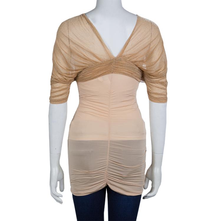 Pre Owned Balenciaga Beige Lurex Knit Ruched Off Shoulder Top S