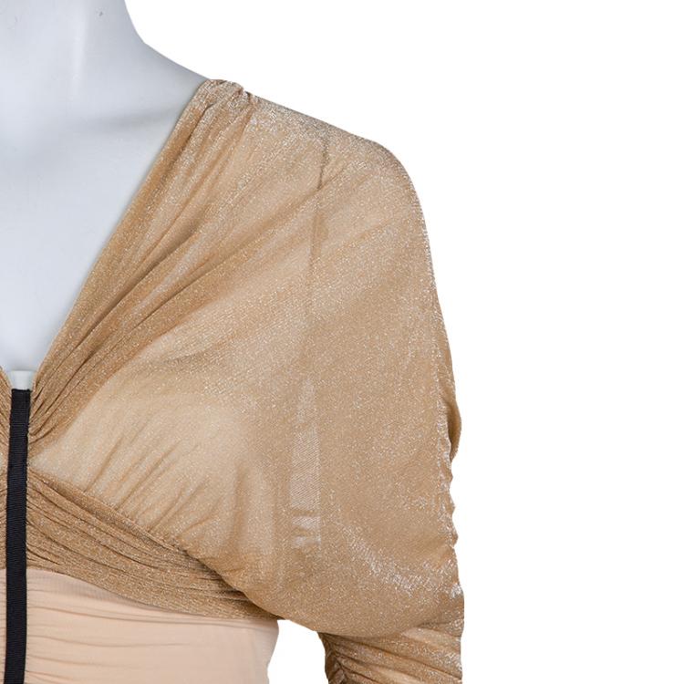Pre Owned Balenciaga Beige Lurex Knit Ruched Off Shoulder Top S