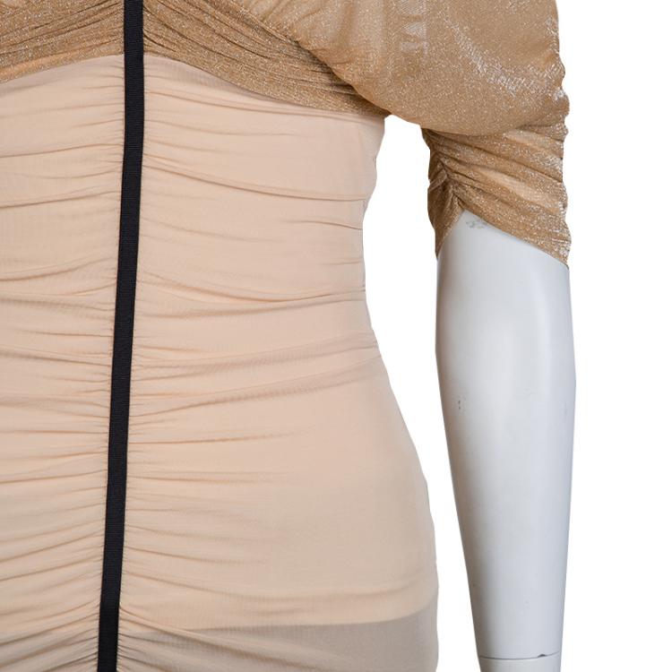 Pre Owned Balenciaga Beige Lurex Knit Ruched Off Shoulder Top S