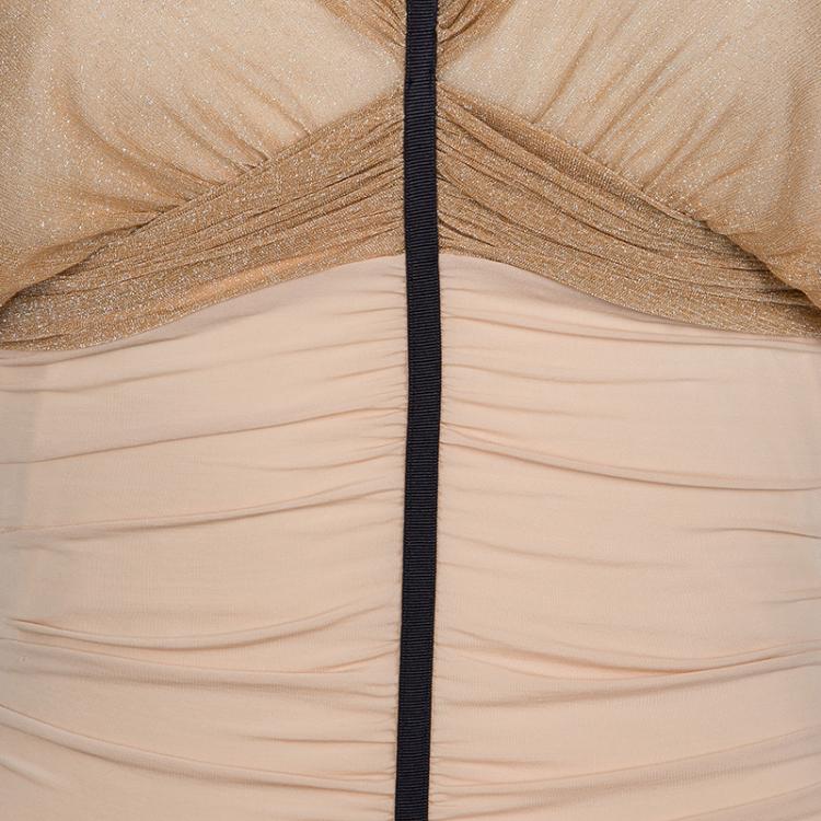 Pre Owned Balenciaga Beige Lurex Knit Ruched Off Shoulder Top S