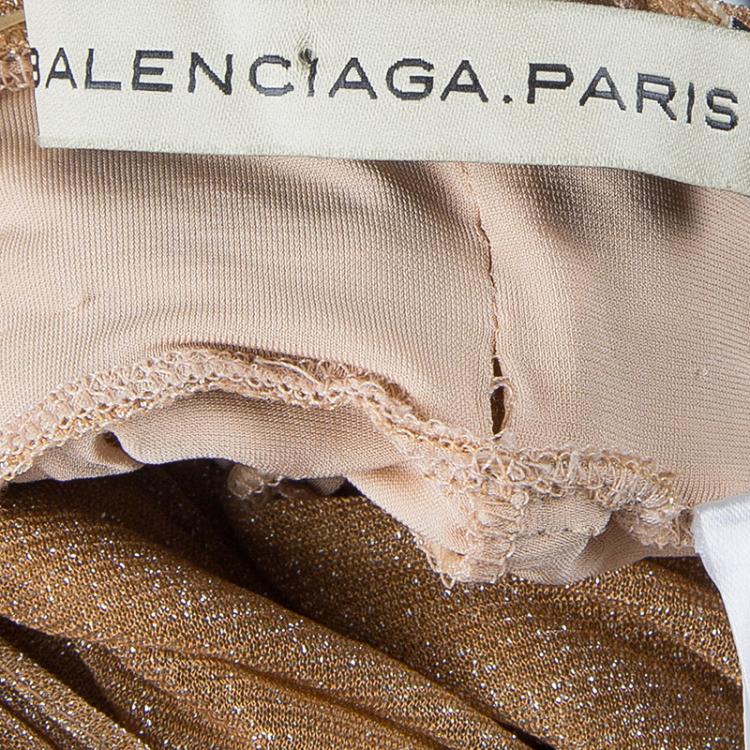 Pre Owned Balenciaga Beige Lurex Knit Ruched Off Shoulder Top S