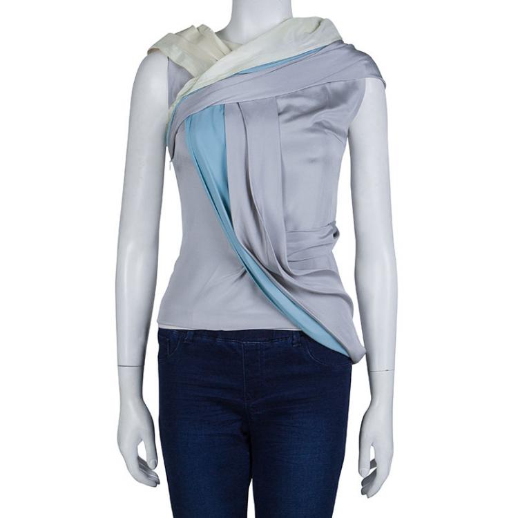Pre Owned Balenciaga Colorblock Off Shoulder Draped Silk Top M