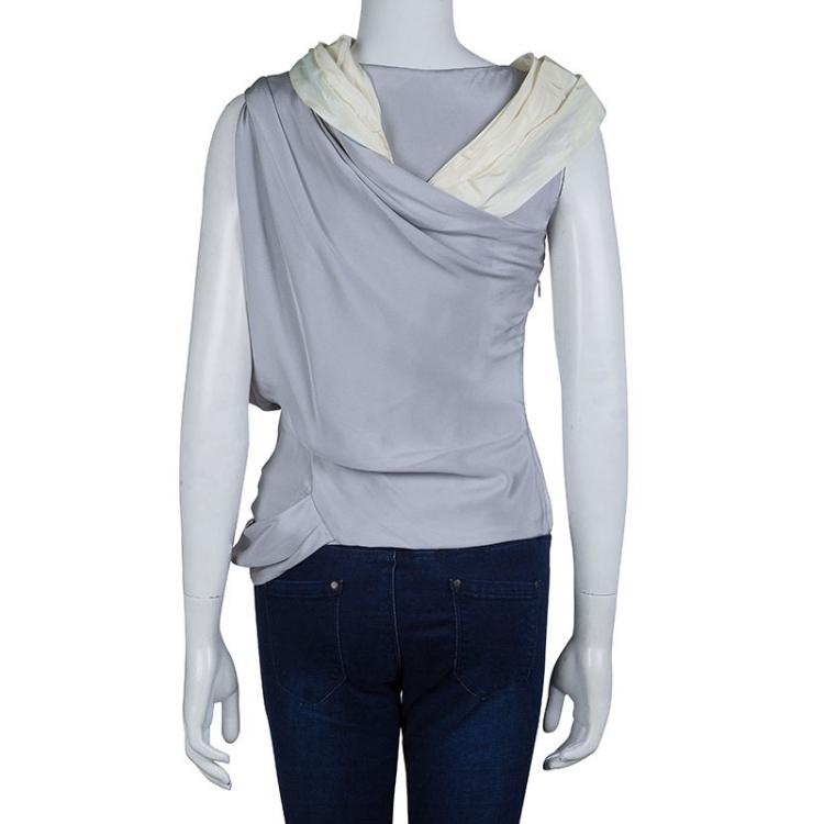 Pre Owned Balenciaga Colorblock Off Shoulder Draped Silk Top M