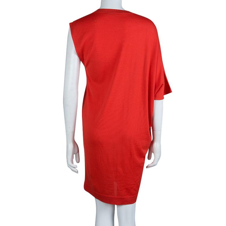 Pre Owned Balenciaga Red Knit Asymmetric Sleeve Wool Dress M