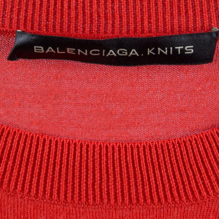 Pre Owned Balenciaga Red Knit Asymmetric Sleeve Wool Dress M
