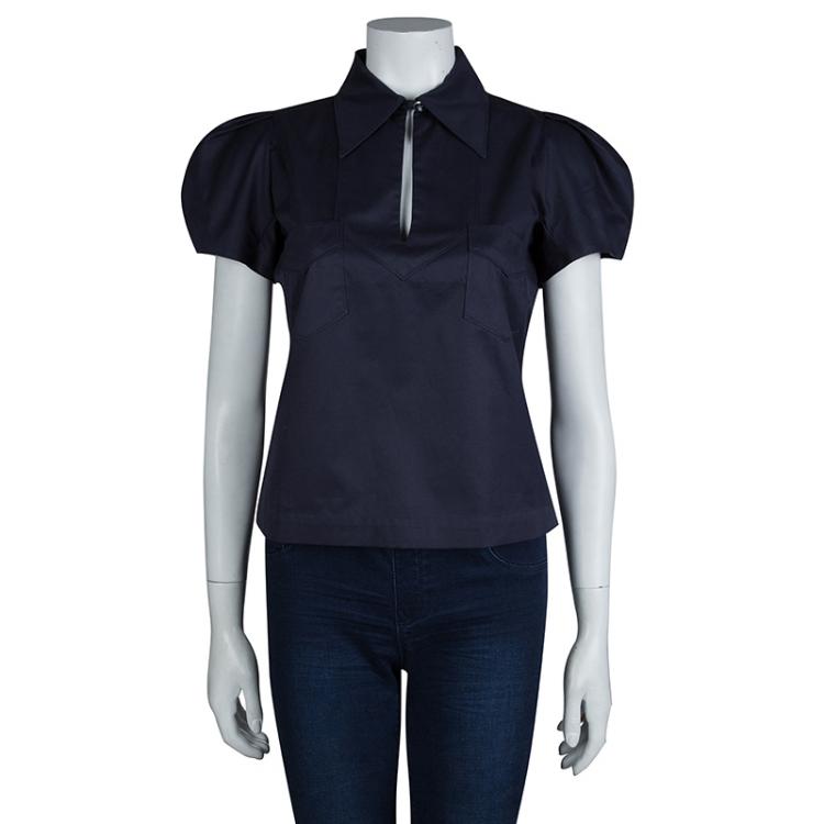 مملوكة مسبقًا Balenciaga Navy Blue Puffed Sleeve Cotton Top M