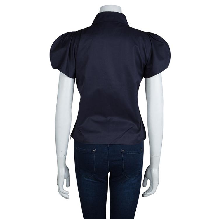 مملوكة مسبقًا Balenciaga Navy Blue Puffed Sleeve Cotton Top M