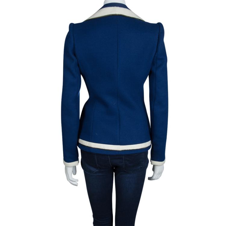 Pre Owned Balenciaga Blue Contrast Trim Zip Edged Wool Jacket M
