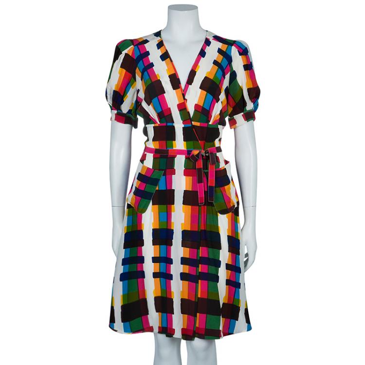 Pre Owned Balenciaga Multicolor Short Sleeve Silk Dress M