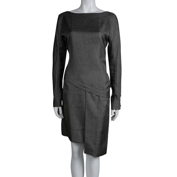 Pre Owned Balenciaga Metallic Grey Asymmetric Fitted Long Sleeve Dress M