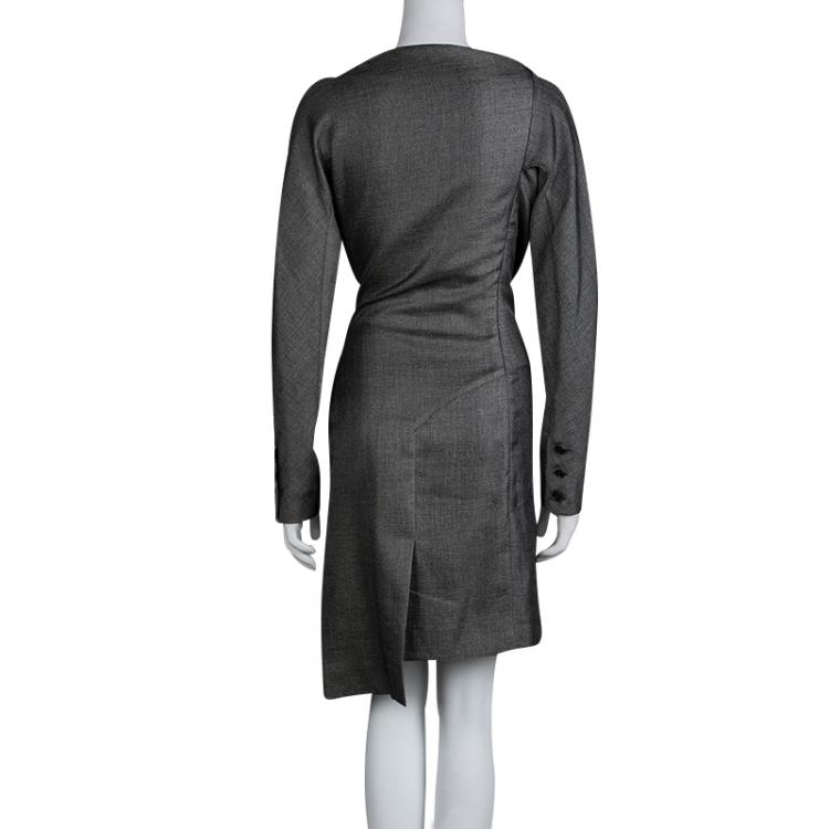 Pre Owned Balenciaga Metallic Grey Asymmetric Fitted Long Sleeve Dress M