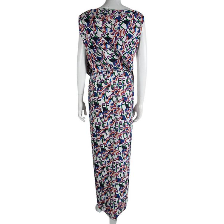 Pre Owned Balenciaga Multicolor Printed Silk Draped Asymmetrical Dress M