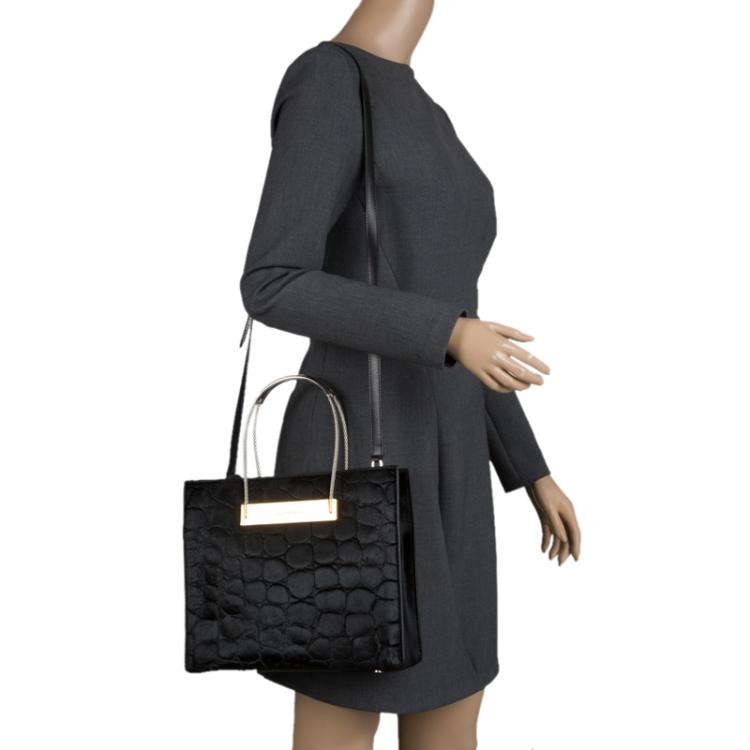Pre Owned Balenciaga Black Croc Embossed Calfhair Cable Shopper Tote