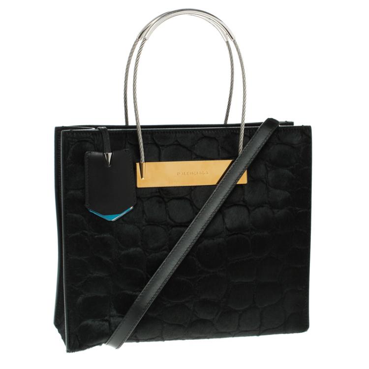 Pre Owned Balenciaga Black Croc Embossed Calfhair Cable Shopper Tote